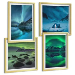 BILDER SET 4er Set - 50x50 cm & 40x60 cm Goldrahmen - Winterlandschaft mit Nordlichtern