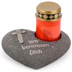 Novaliv, Aussendekoration, Grabschmuck Herz Anthrazit mit Kreuz Spruch Wir vermissen Dich inkl. LED Grablicht Rot