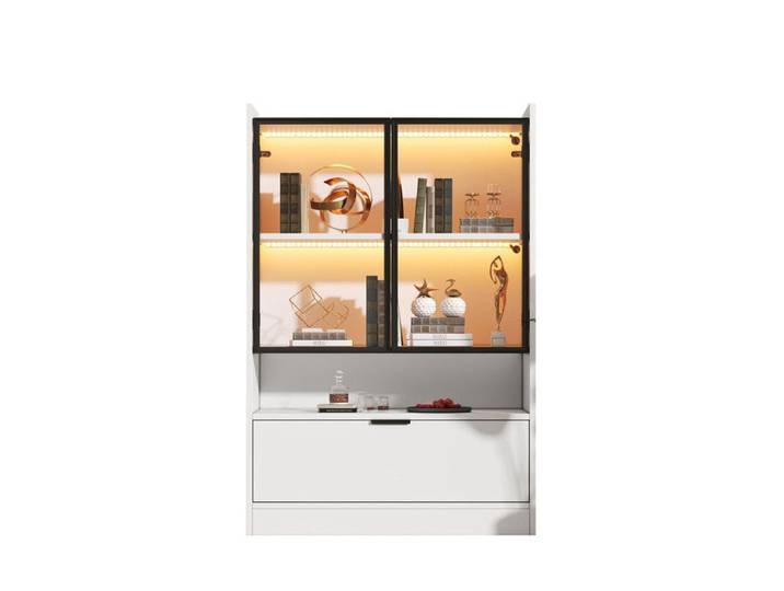 Vitrine Moderne Mat Blanc 120cm Standvitrine avec 16 Couleurs LED Portes en Verre et Porte Abattante Panneau d'Affichage Armoire