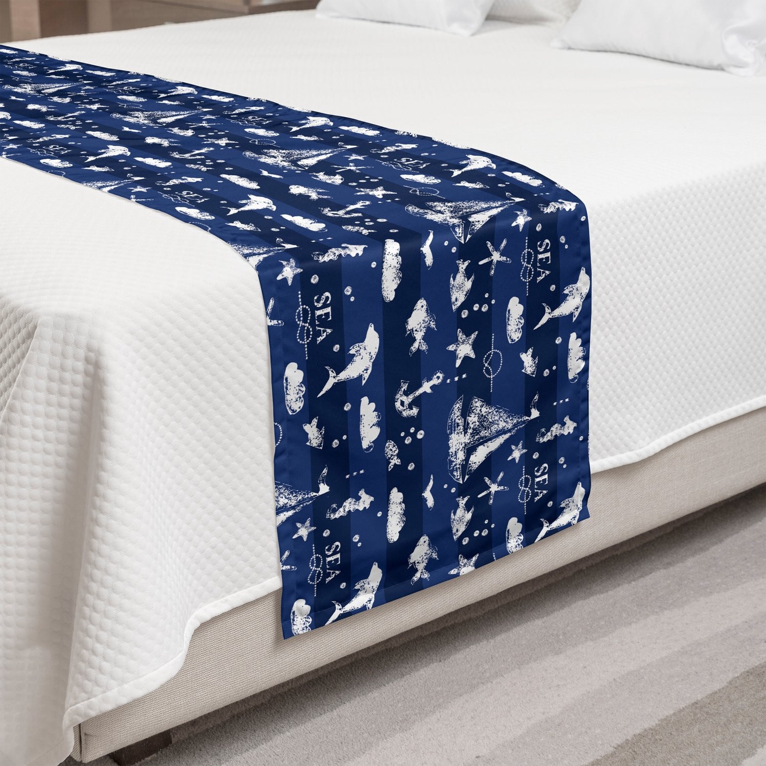 ABAKUHAUS Bedloper Marineblauw met Zeilbootpatroon en Verticale Strepen