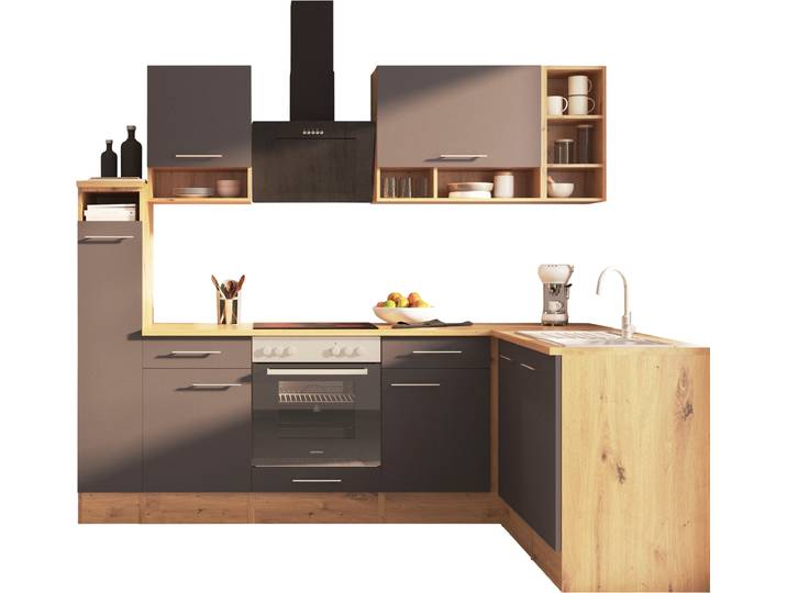 Winkelküche RESPEKTA Hilde , grau (küche: grau, front: grau, korpus: wildeiche nachbildung, arbeitsplatte: wildeiche nachbildung), B:250cm H:205cm T:172cm, Komplettküchen-Sets, Breite 250 cm, wechselseitig aufbaubar, exkl. Konfiguration für OTTO