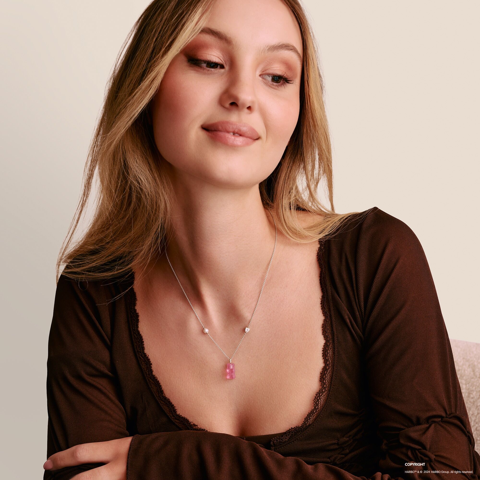 Kette mit Anhänger THOMAS SABO "THOMAS SABO x HARIBO: Kette mit Goldbär" Gr. 45, pink (silberfarben, rosa, kristallweiß, weiß), Halsketten, Damen, 45, Perlen Silber 925 (recycelt), Perlen, Silber 925 (recycelt), Kette mit Anhänger, mit Kristallglas, Zirko