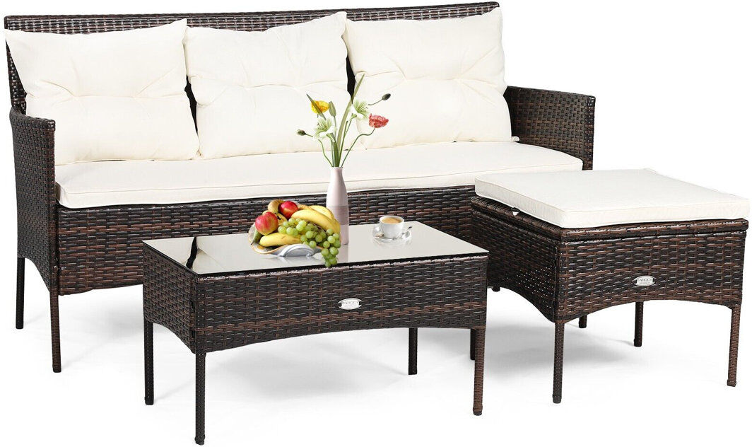 Highland Dunes 3 PCS Patio Conversation Set Outdoor PE Rattan Garden Furniture Set Brown 4