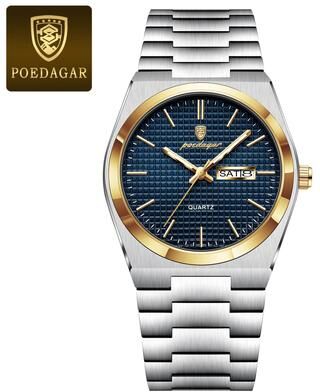 Youfap Market Original Luminous Men's Quartz Watch, Waterproof Stainless Steel, Fashionable Design gold Blue
