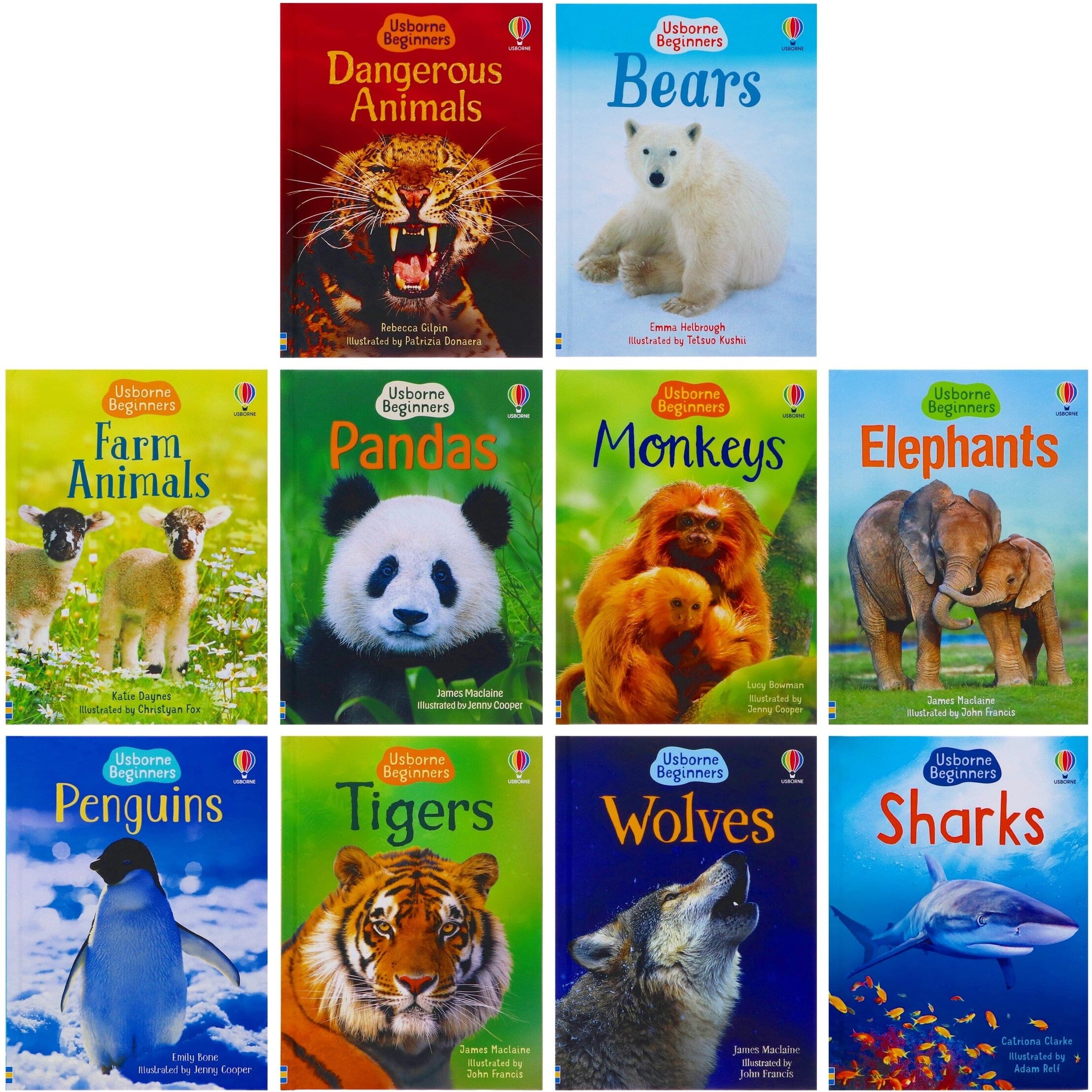 Usborne Beginners Animals Collection 10 Books Box Set (Bears, Dangerous Animals, Elephants, Farm Animals, Monkeys, Pandas, Penguins, Sharks, Tigers &