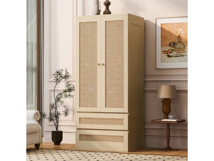 Armoire penderie - 70x55x170 cm - 2 portes aspect rotin tressé penderie et tiroirs - Bohème chic - Bois naturel