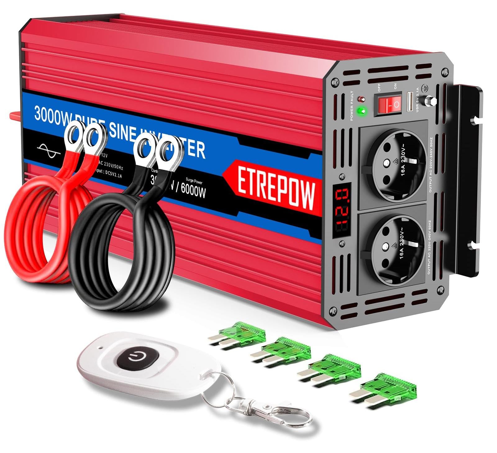 Selius Omvormer Zuivere Sinus - 3000 W - 12 V - Rood