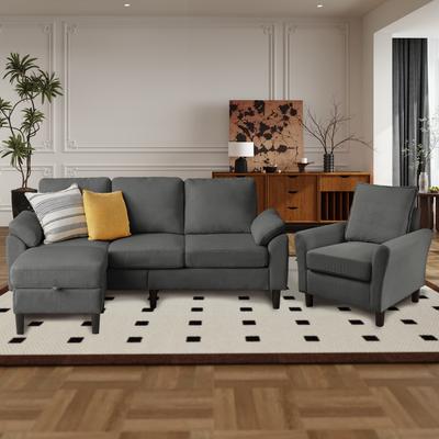 Jarenie 3 Pieces Corduroy Living Room Set with Sectional Sofa, Ottoman and Chair
