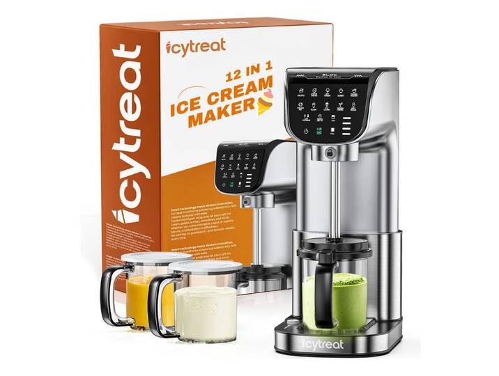 IcyTreat Eismaschine IcyTreat IC-1010 EU 12-in-1 540 ml * 3, 1,6 l, 500 W, inklusive Rezeptheft + Messlöffel, 12 One-Touch-Programme
