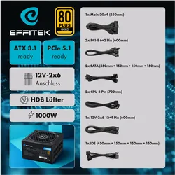 Effitek Netzteil 1000W Gold ATX 3.1, PCI 5.1 Modularer Kabel (1000 W), PC Netzteil, Schwarz