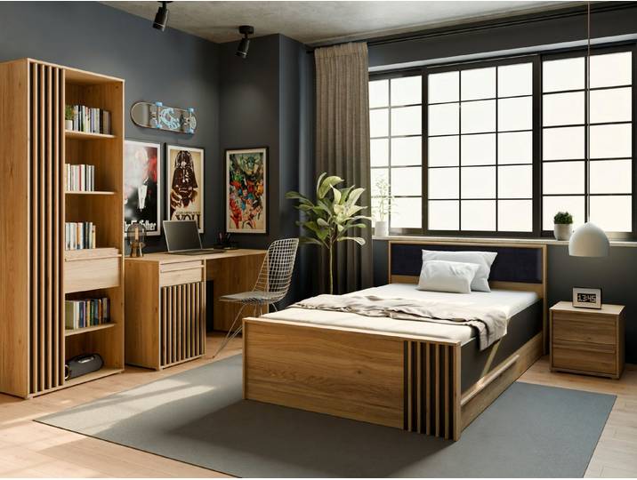 FORTE Jugendzimmer-Set Jugendzimmer Arank Bett Regal Schreibtisch Nako Eiche Hell & Schwarz, (4-tlg)