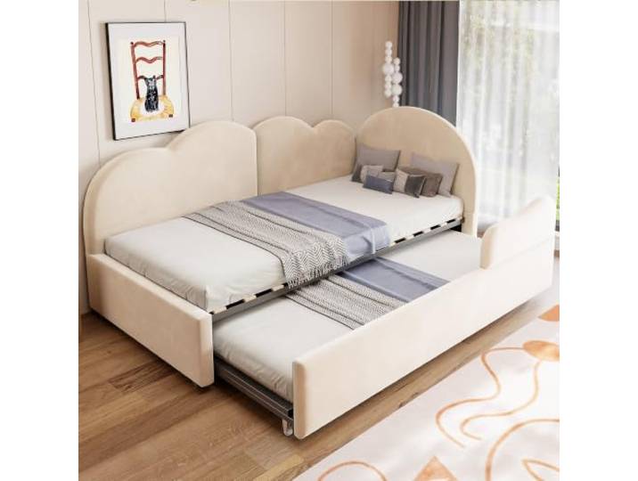 DUlVBPE Polsterbett Ausziehbares Schlafsofa in L-Form (90 * 200+90 * 190), Kopfteil in Wolkenform,Samtbeige Polsterbett Platzsparendes Design Kann als Kinderbett oder Gästebett genutzt Warden