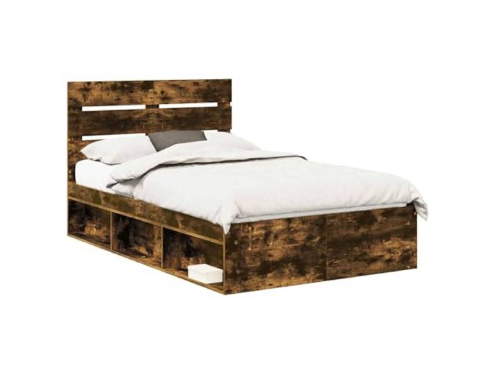 PUGYNBK Bettgestell mit Kopfteil Eiche rauchfarben, 120 x 200 cm Technisches Holz, feste Lamellen, minimalistischer Stil, feste Matratzenauflage