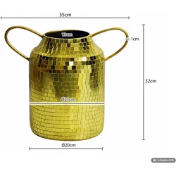 FineBuy, Vase, Vase Tischvase 32cm Metall Blumenvase Dekovase Rund Handmade Mosaik Handmade