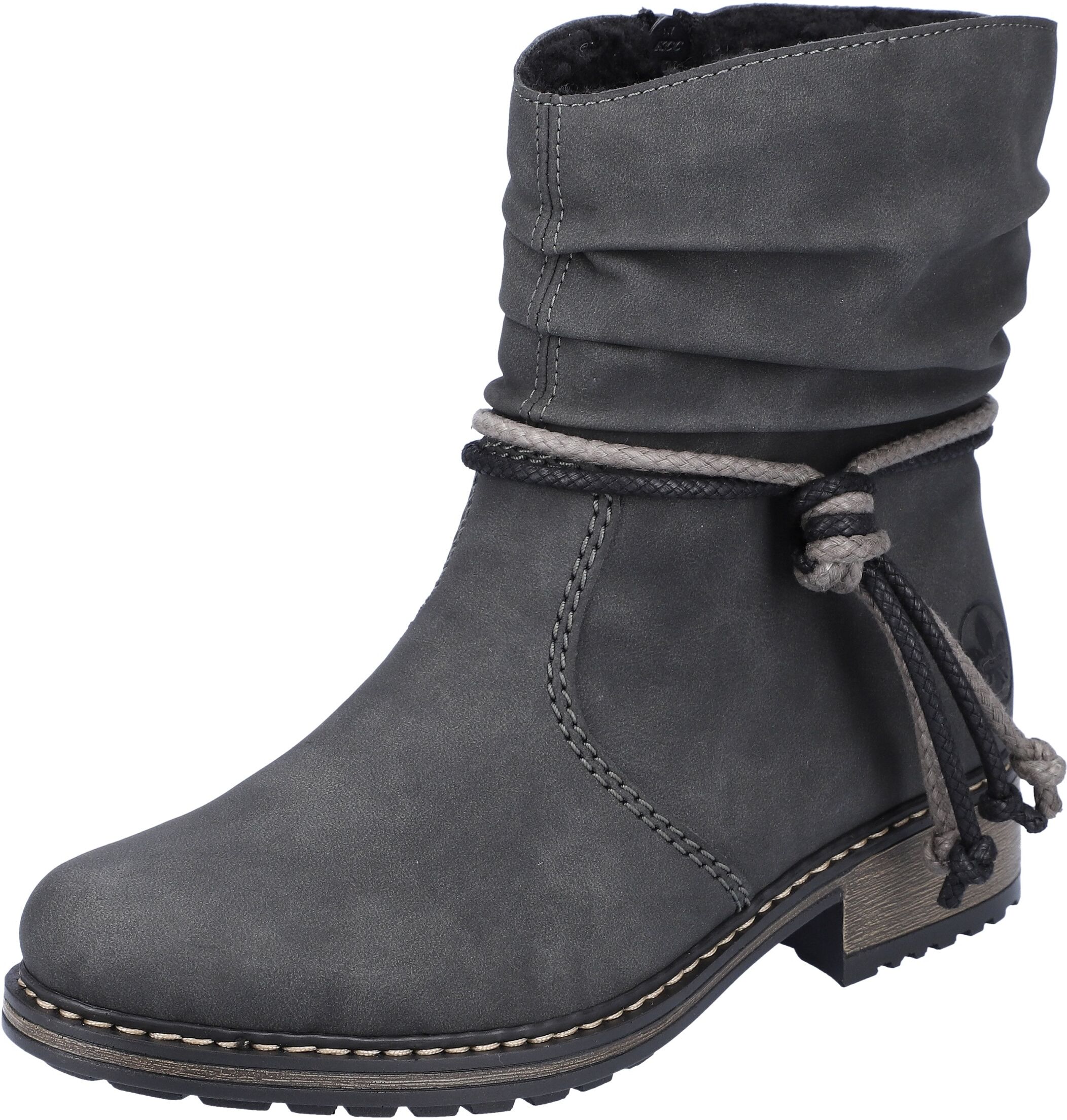 Winterstiefelette RIEKER, Damen, Gr. 40, grau (anthrazit), Lederimitat, Schuhe Winterstiefelette, mit Zierbänder am slouchy Schaft anthrazit 40