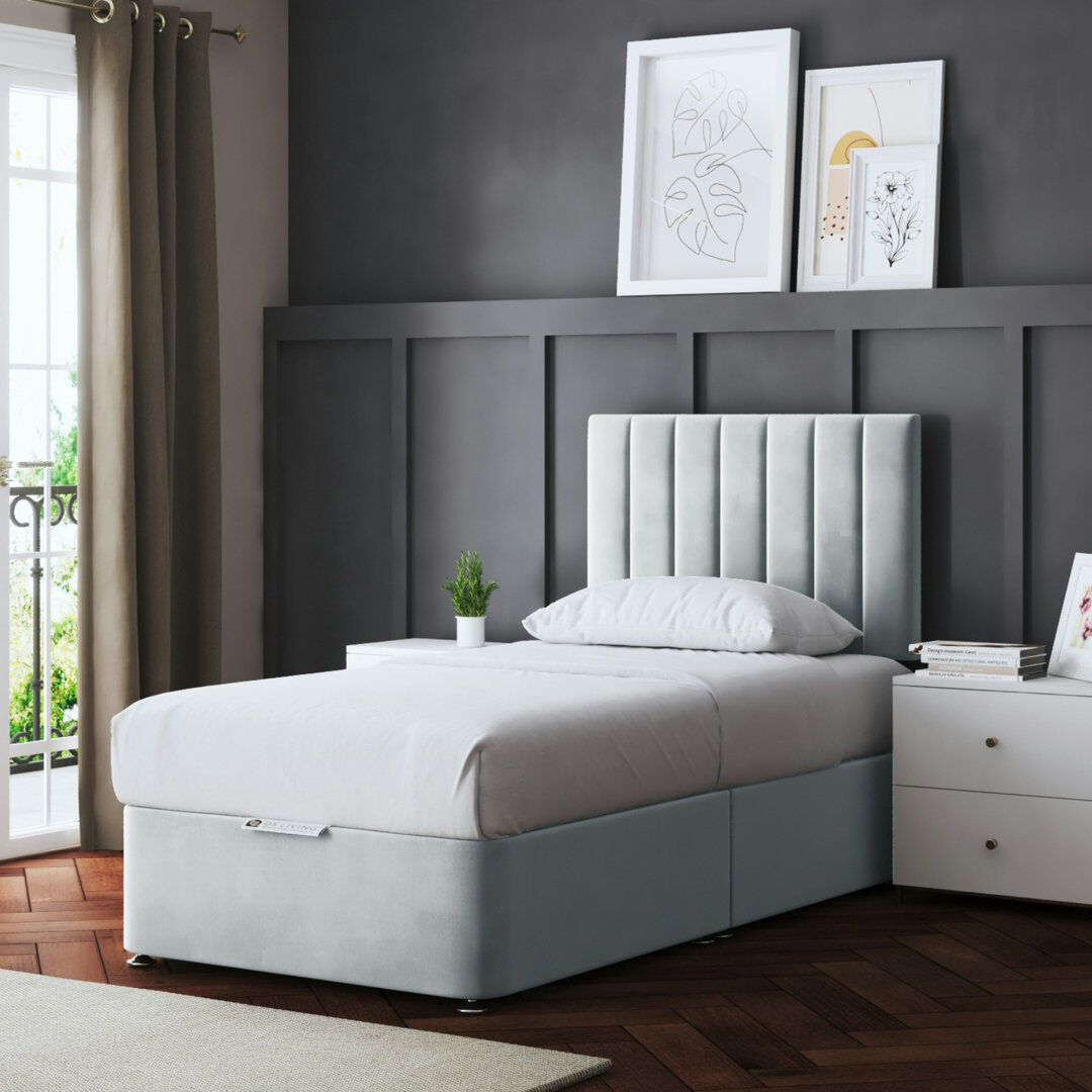 DS Living Upholstered Panel Divan Bed with Headboard Silver Single (3')