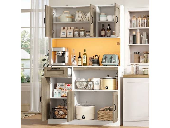 Norevia Armoire de Cuisine avec LED et Prises 110x40x180 cm Blanc et Naturel