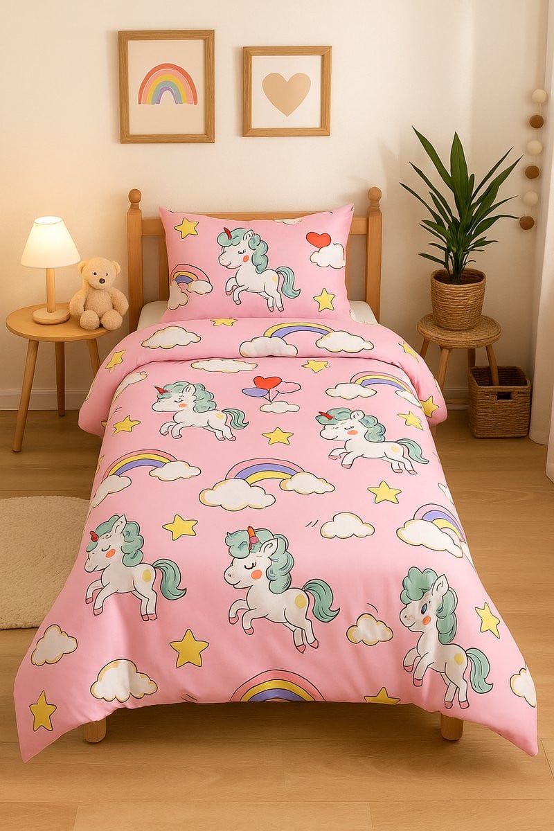 Eenpersoons Dekbedovertrek Unicorn Eenhoorn Roze 140 x 200 cm