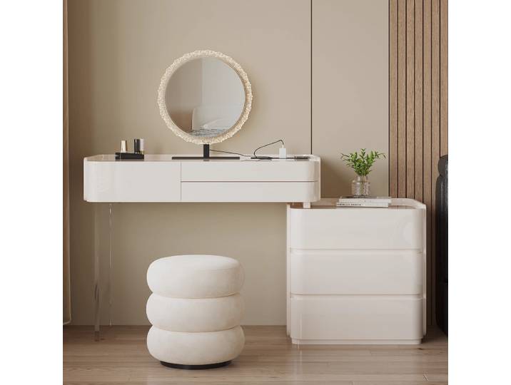 Peinture de cuisson de Style crème moderne, articles de toilette, vanité de maquillage éclairée, coiffeuse, bureau avec miroir