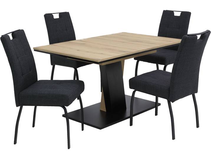 Essgruppe HELA EBRO , grau (evoke eiche, schwarz, beige, anthrazit, schwarz), Microfaser Webstoff, Synchron-Auszug, Evoke Eiche/Anthrazit, 100% Polyester, Sitzmöbel-Sets, Essgruppe, Mit Synchronauszug, Vierfussstuhl XL Sitzbreite, Federkorb, Griff