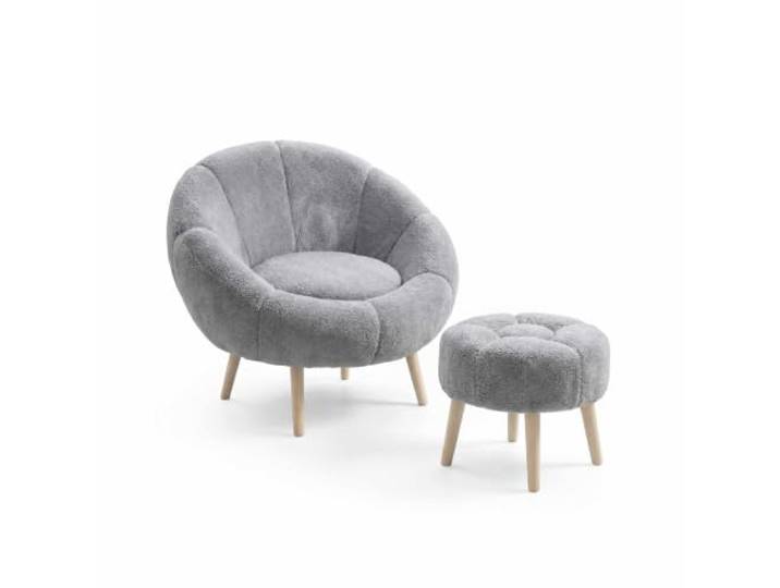 Hanah Home Elegant Wing Chair & Pouffe Set (2 Pieces) in Grey 100% Melamine Coated, Soft Sponge, Ash Tree Legs Modern Comfort