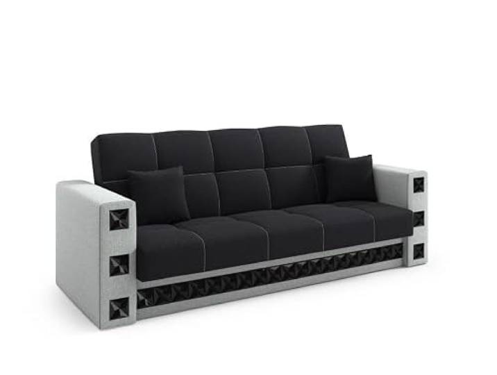 LIKMA Schwarz Hellgrau Ausziehbar 3 Sitzer Sofa Manila 221x91x85 cm Schlaffunktion Bettzeugbehälter Kissen Sofa mit Bettfunktion Gesteppte Schlafsofa Couchgarnitur Stoff: Inari 100 + 91
