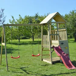 Wendi Toys Kinderspielhaus, Kletterturm "Salamander" mit Rutsche, Kletterwand und 2 Schaukeln,holz / rot,