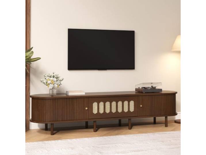Ovaler Tv Lowboard 180cm Nussbaum Dunkel Rattan Design Mdf 30 Kg Belastbar Fernsehtisch Mit Rollladentur Und Klapptür Tv Bank Für Große Bildschirme Bis 80 Zoll Wohnzimmerschrank