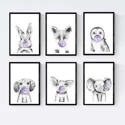 POSTER Set Mit 6 Tiere Babys Mit Kaugummi Schweine Elefant Kaninchen Zorro Eulenhund A3 Rahmenlos