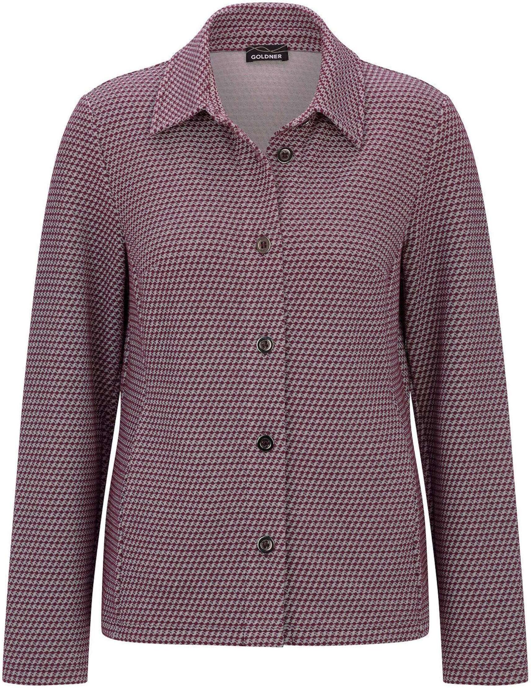 Sommerjacke GOLDNER "Lässige Baumwolljacke, Pepitamuster", Damen, Gr. 42, bordeaux, gemustert, lässig geschnitten, V-Ausschnitt, Jacken Sommerjacke, Hemdkragen