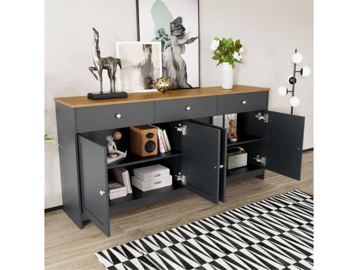 ROVRYN Buffet bas 160 cm 4 portes et 3 tiroirs étagères réglables gris noir et plateau aspect bois