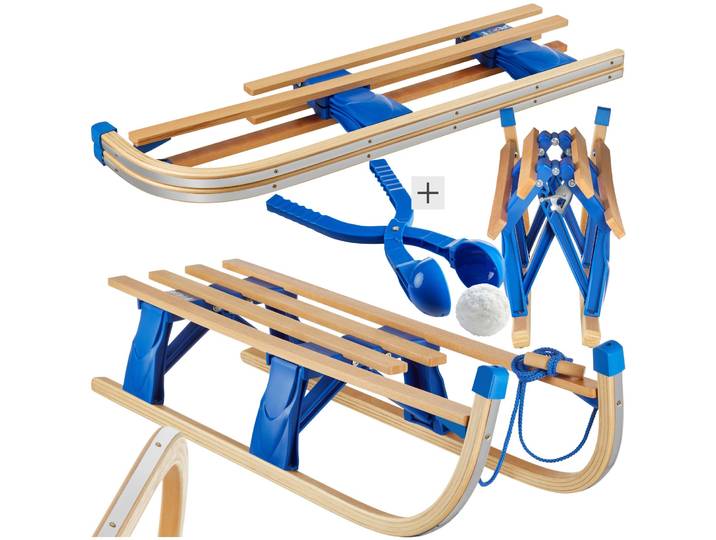 Holzschlitten Jeffrey, klappbar mit Zugseil, Schneeballzange - braun