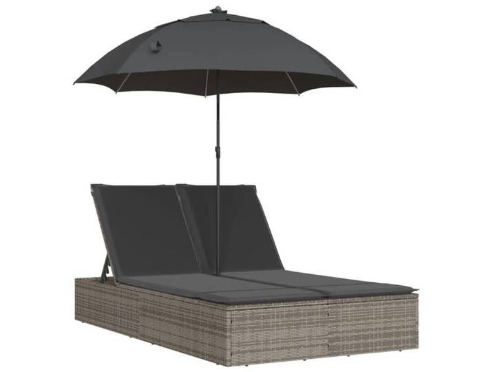 “Winter Sale TOP Chaise longue terrasse Gris - Chaise longue double et coussins et parasol gris résine tressée PRO74749