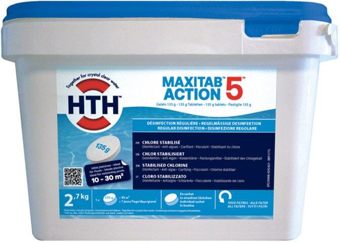HTH Maxitab Action 5 - chlore multiactions spécial petites piscines - Seau de 2,7 kg