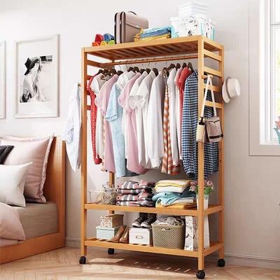 FATIVO Clothes Rack Bamboo Garment Rolling Rack with Side Hooks