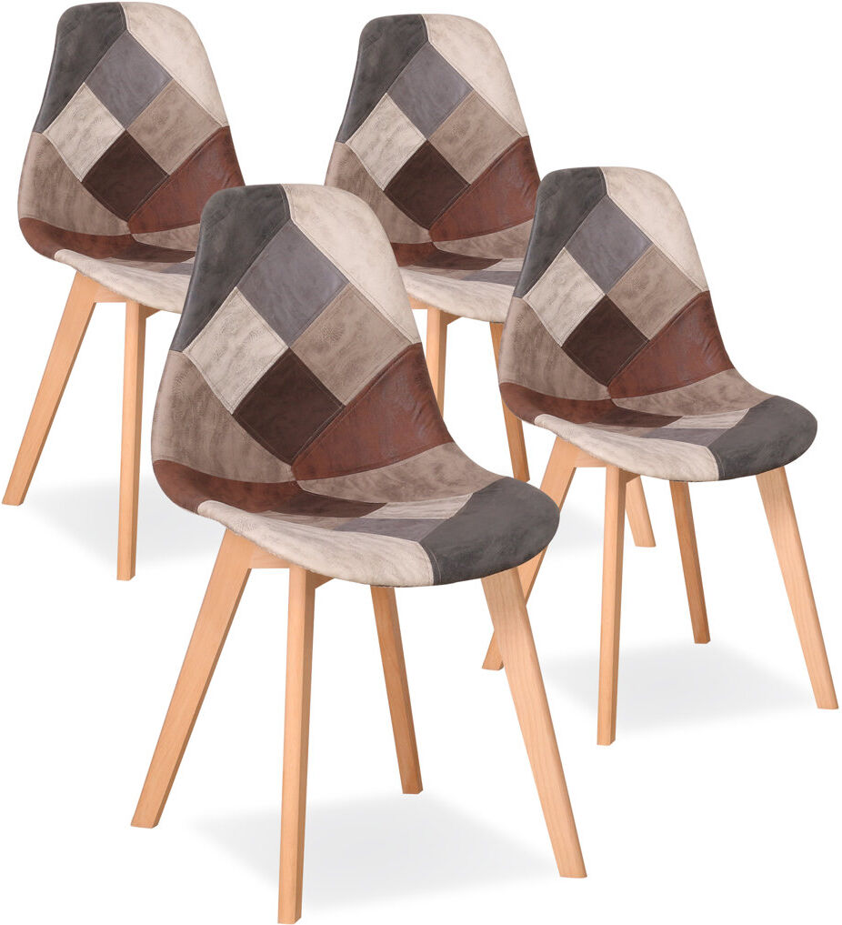 Norden Home 40.5cm Patchwork Linen Nordic style Dining Chairs with Solid Wood Legs Brown/Grey 85cm H X 47cm W X 44cm D