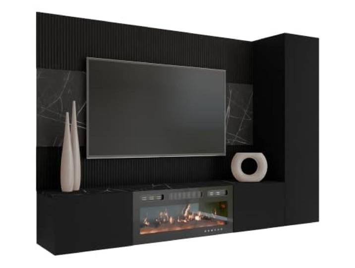 Mirjan24 Wohnwand Deromi mit Kamin (Schwarz + Schwarz Marmor, 3-teilig) Griffloses Push-to-open-System, Gasdruckfeder, LED-Flammeneffekt, 2-kW-Heizfunktion, 10 Flammenfarben, Fernbedienung