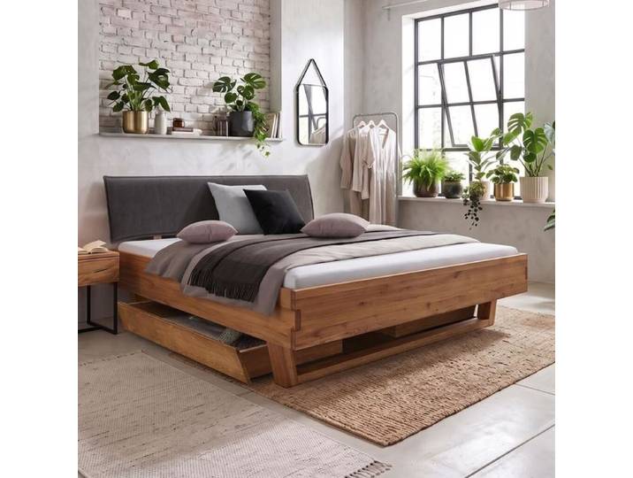 Bett Valera Wildeiche Massivholz 200x200cm modern, Mit Kopfteil höhenverstellbar