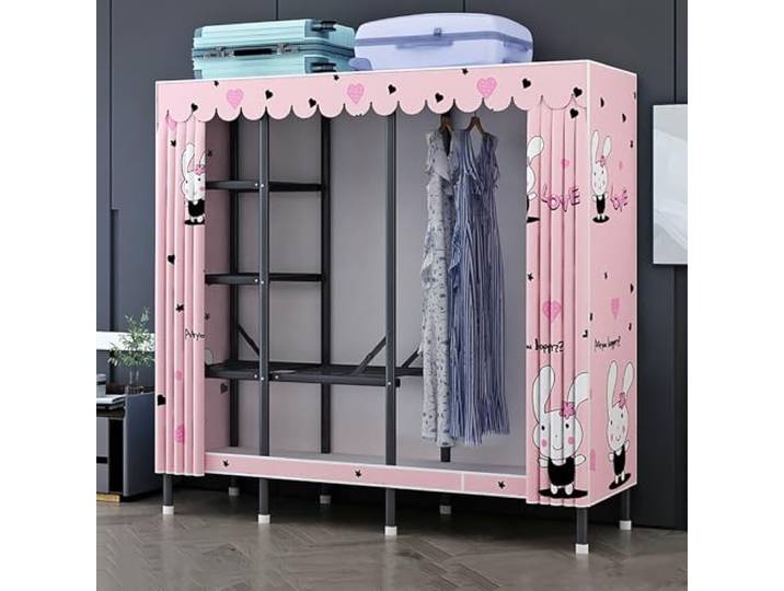 MmcdylyhEU Faltbarer tragbarer Kleiderschrank mit Abdeckung, Kleiderständer aus Metall mit Hängestangen, platzsparender Kleidungs-Organizer for Schlafzimmer(Pink,190cm/74.8inch)