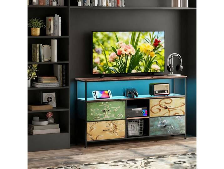 Meuble TV LED avec 4 Tiroirs 2 étagères de Rangement Cadre en Acier 108 x 29.8 x 76.8 cm Banc TV Support Télé Coloré