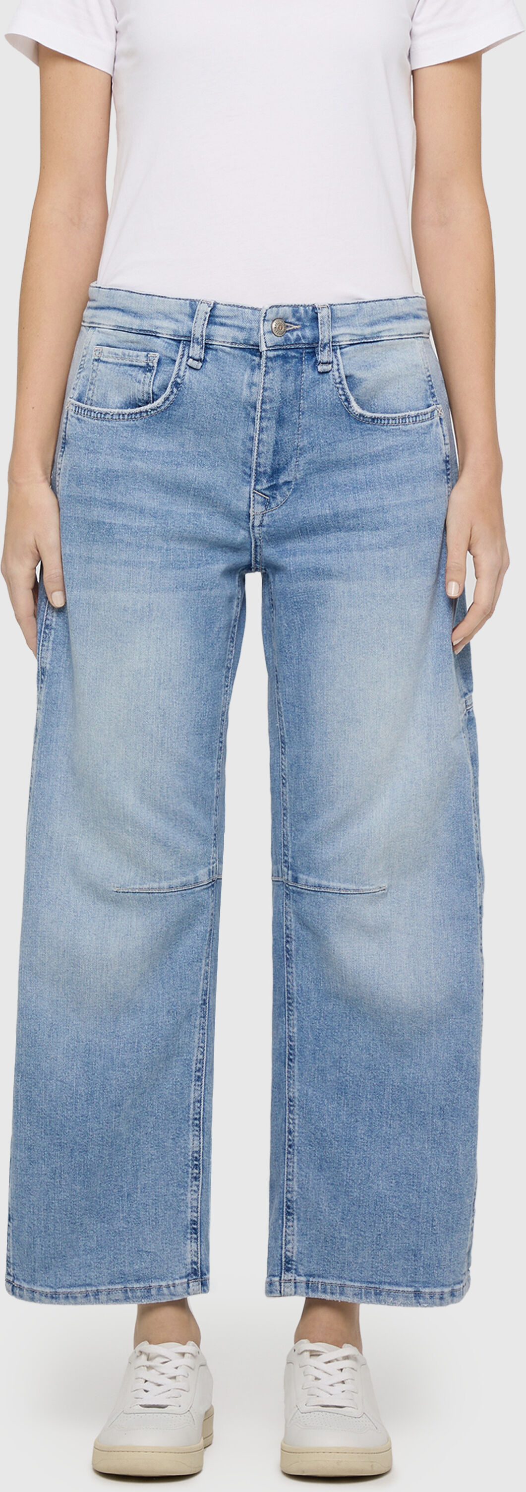 5-Pocket-Jeans MAC "OHIO Barrel", Damen, Gr. 42, N-Gr, blau (light blau random washed), Denim/Jeans, Obermaterial: 99% Baumwolle, 1% Elasthan, bequem knöchellang, Jeans 5-Pocket-Jeans, Barrel Fit, Naht-Detail auf Kniehöhe light blau random washed 42, N-Gr