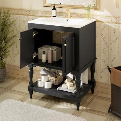 AISWORD "24"" Modern Luxury Bathroom Vanity with Ceramic Sink, Compact Cabinet with Open Shelf & Closed Storage"