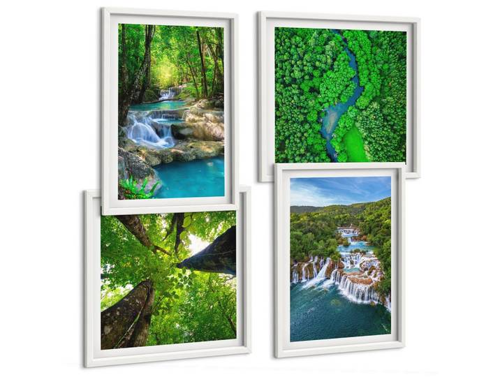 BILDER SET 4er Set - 50x50 cm & 40x60 cm Weißer Rahmen - Wasserfälle grüner Wald Wasser
