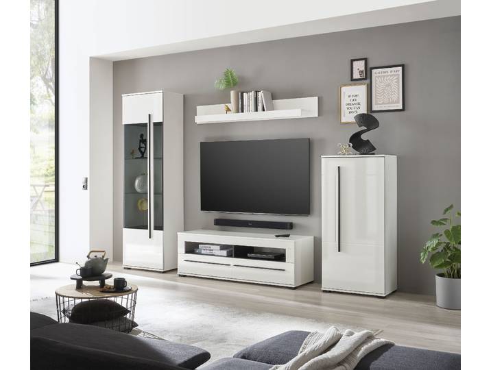 Wohnwand HOME AFFAIRE Cantara, moderne Anbauwand, Komplettset , weiss (weiß, weiß hochglanz), B:280cm, Kastenmöbel-Sets, Wohnwand, enthält Vitrine, Lowboard, Stauraumelement und Wandboard, 280 cm breit