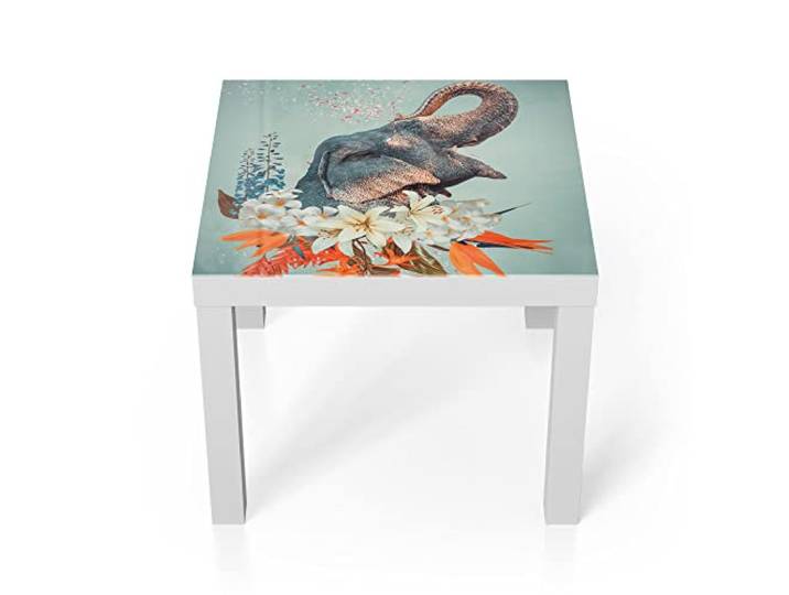DEQORI Glastisch weiß klein 55x55 cm Motiv Blüten umrahmen Elefant ausgefallener Beistelltisch aus Glas Hochglanz Couchtisch fürs Wohnzimmer moderner Couch Tisch mit Design