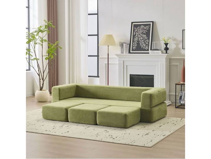 MEULVA Canapé convertible 3 places en chenille vert avec 3 poufs mousse haute élasticité