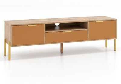 Costway Mirrored TV Stand for TV up to 65 Inch with Spacious Tabletop and 2 Storage Cabinets-Natural