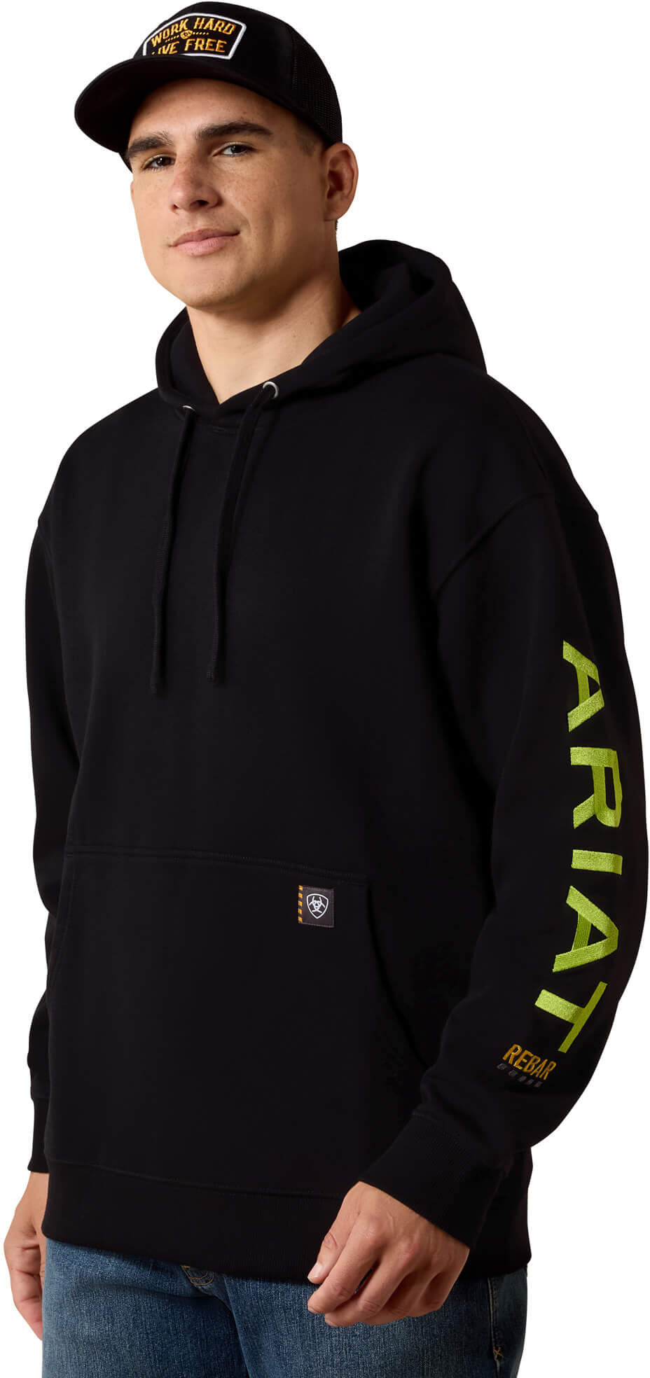 Men's Rebar Graphic Hoodie in Black/Lime, Size: Medium by Ariat