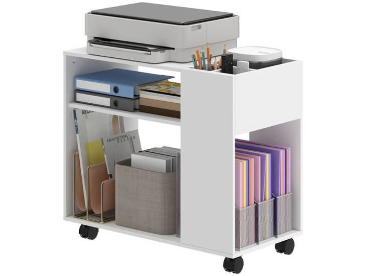 VVBV Meuble Imprimante à Roulettes Support Imprimante Bureau avec Étagères et Compartiments Rangement Blanc 70x36x60 cm