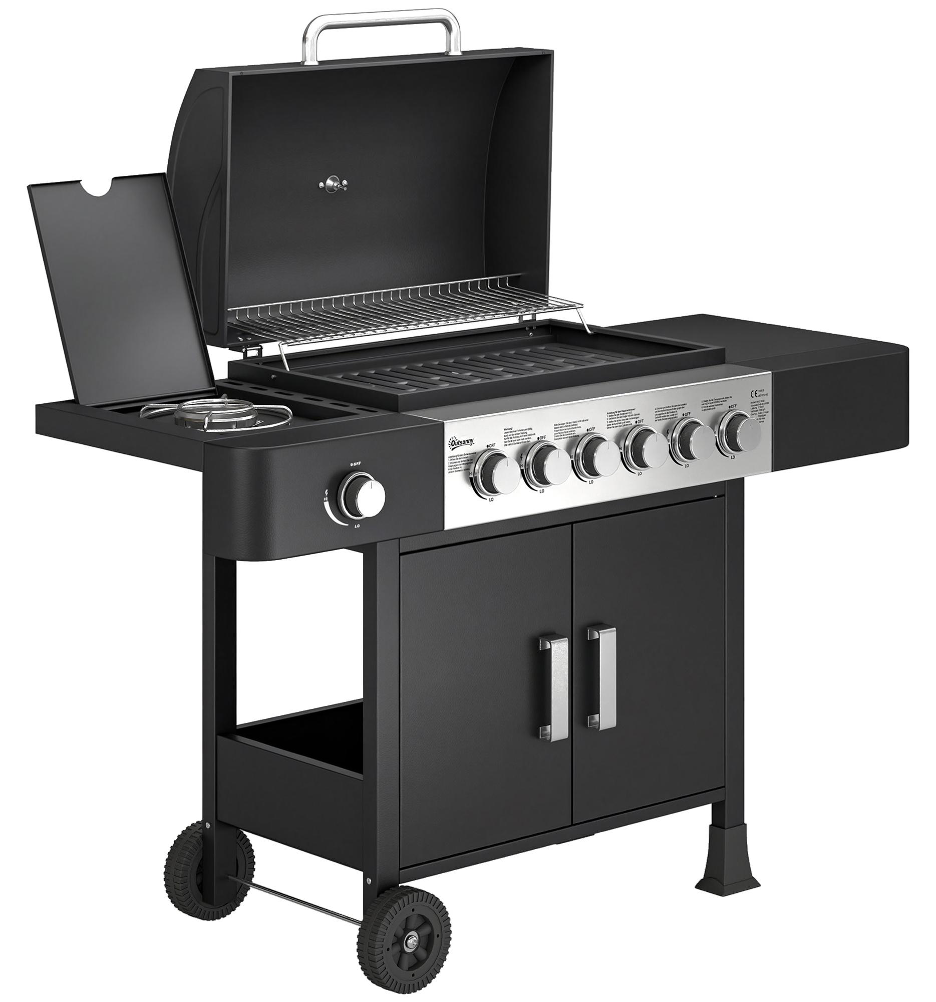 Gasgrill 17,8 KW 6+1 Brenner BBQ Grillwagen aus Edelstahl inkl Rolle Seitenbrenner Thermometer Emaille-Grillrost